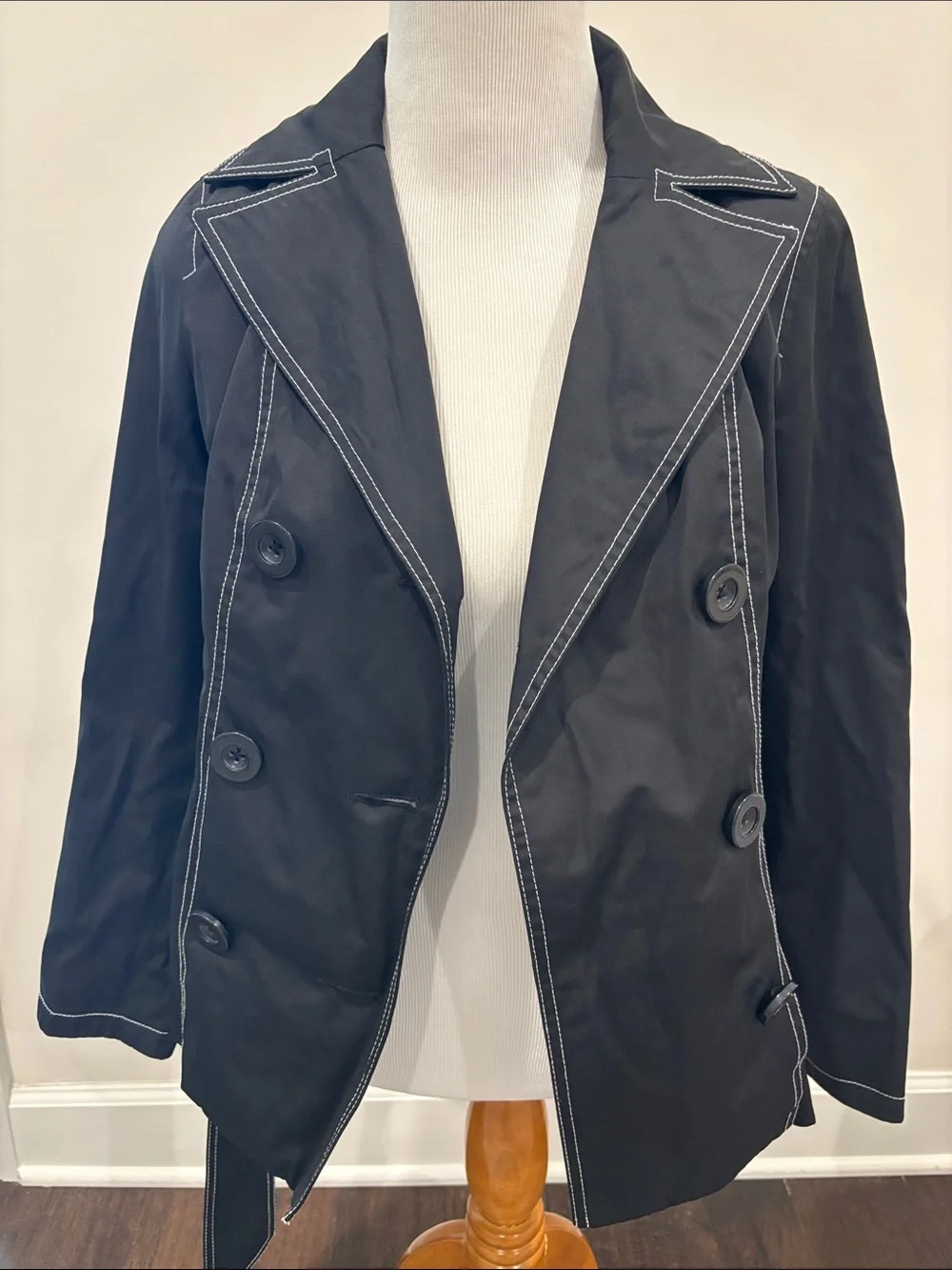 White House Black Market Black Double-Breasted Trench with Contrast Stitching